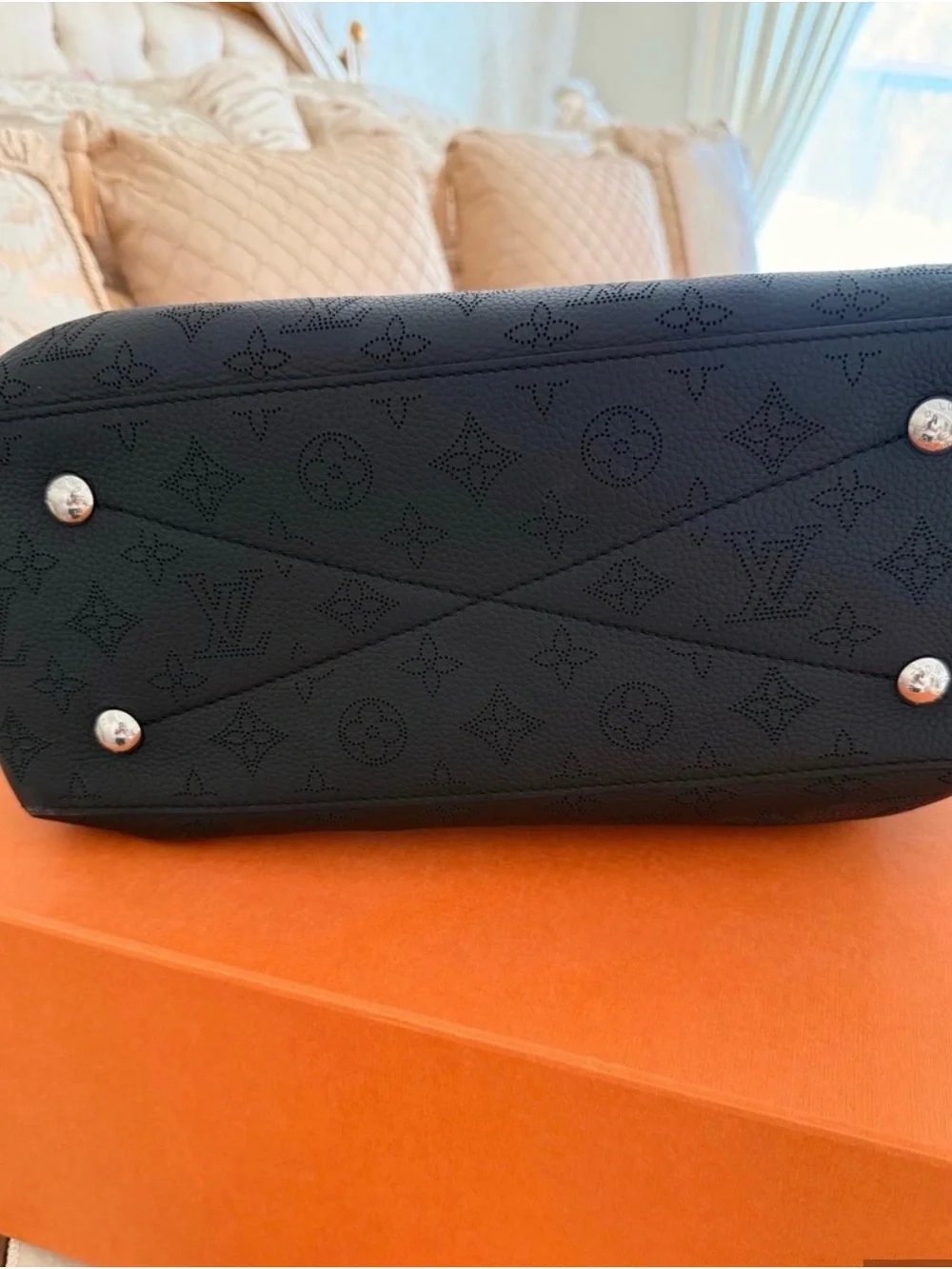 Louis Vuitton Bella Tote Black Monogram Perforated Tote with Chain Accent